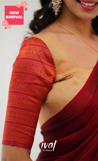 Padmakshi Blended Silk Half Saree - Golden Beiga And Reddish Maroon Sarees