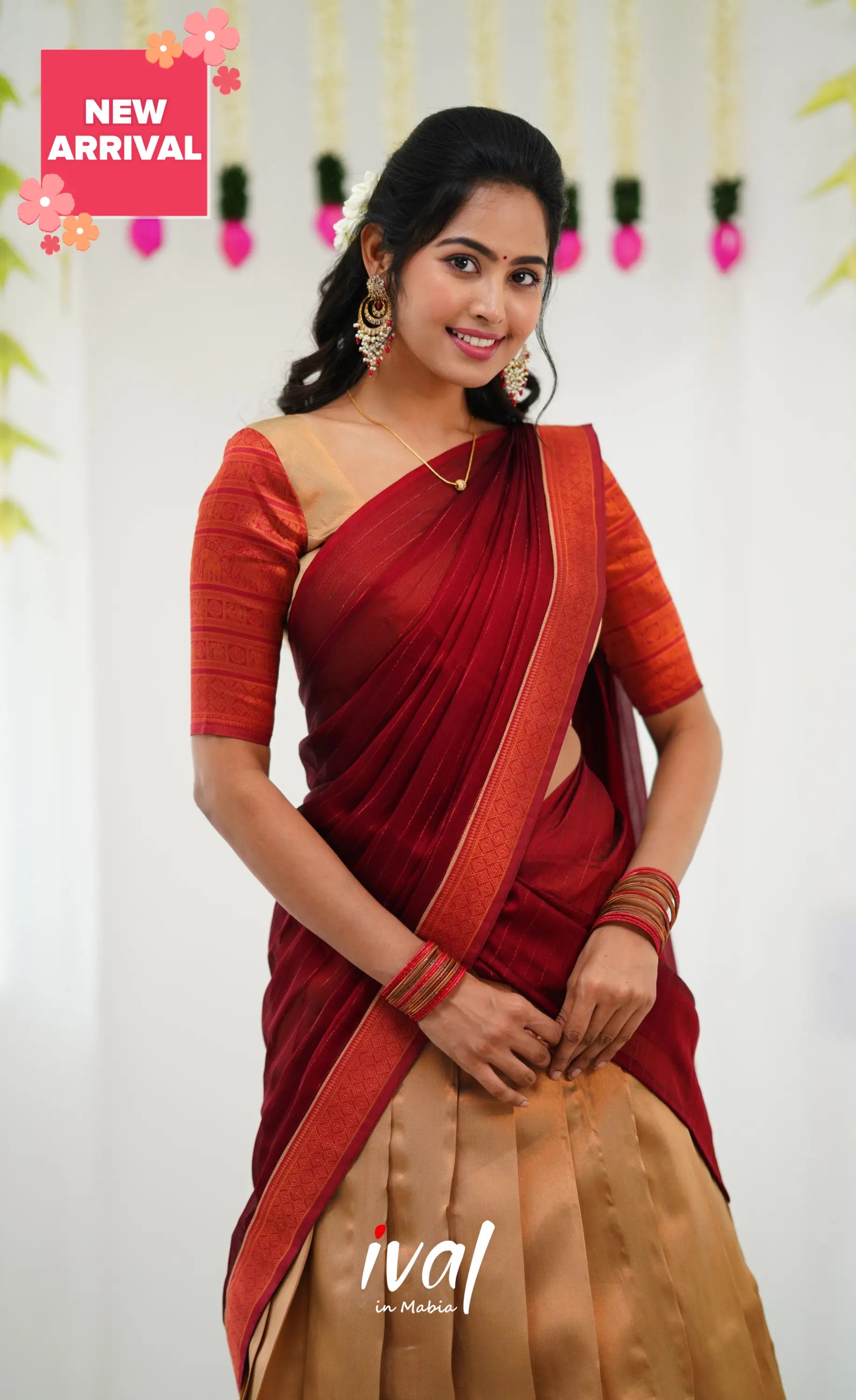 Padmakshi Blended Silk Half Saree - Golden Beiga And Reddish Maroon Sarees