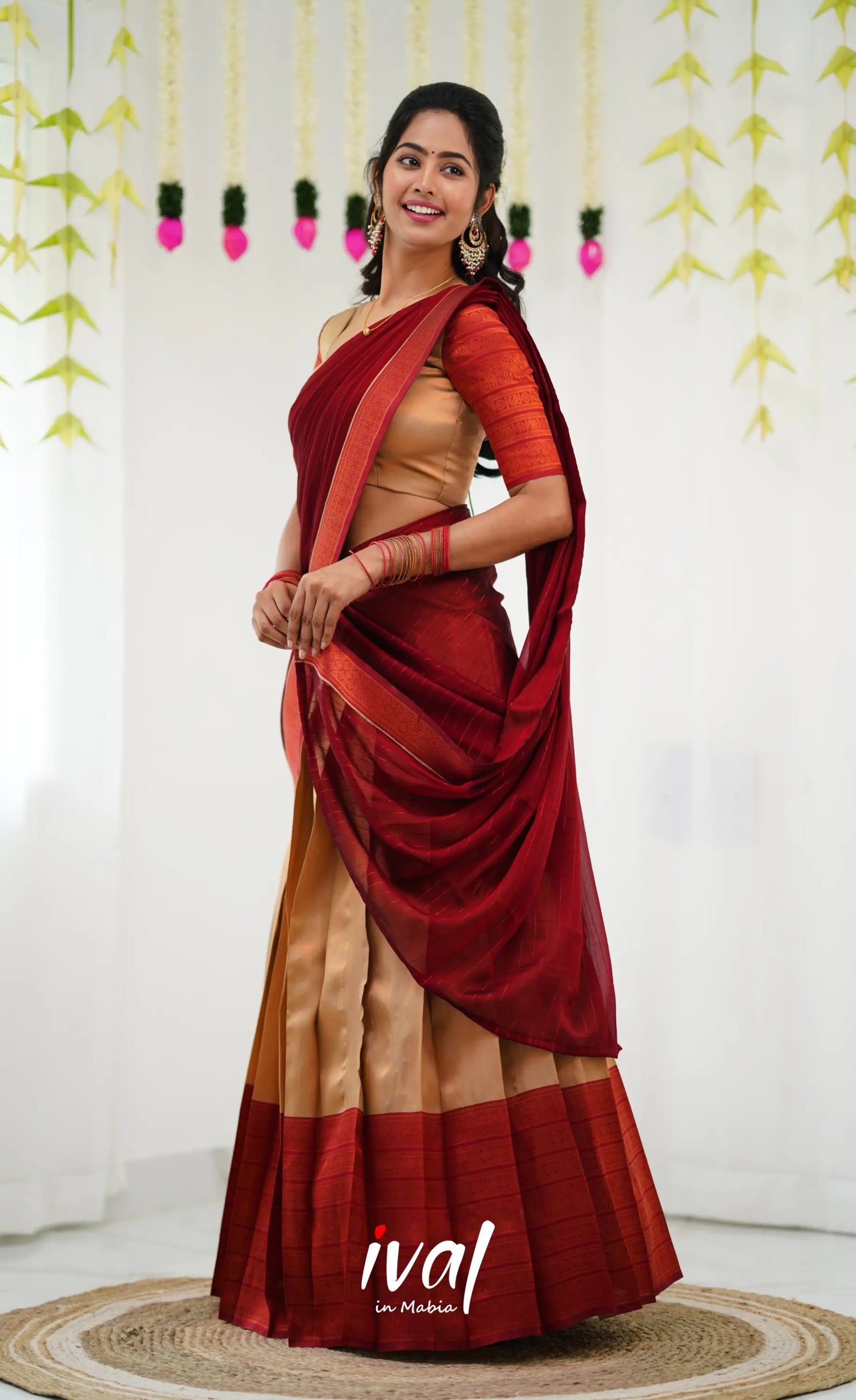 Padmakshi Blended Silk Half Saree - Golden Beiga And Reddish Maroon Sarees