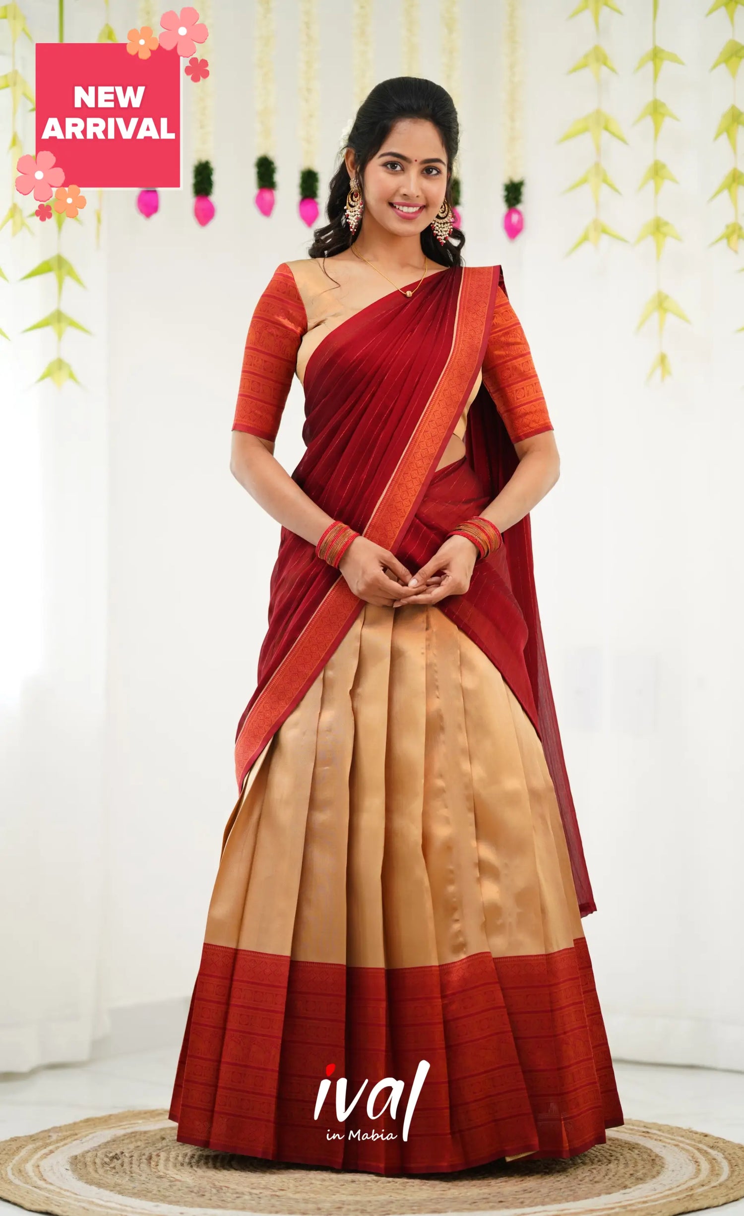 Padmakshi Blended Silk Half Saree - Golden Beiga And Reddish Maroon Sarees