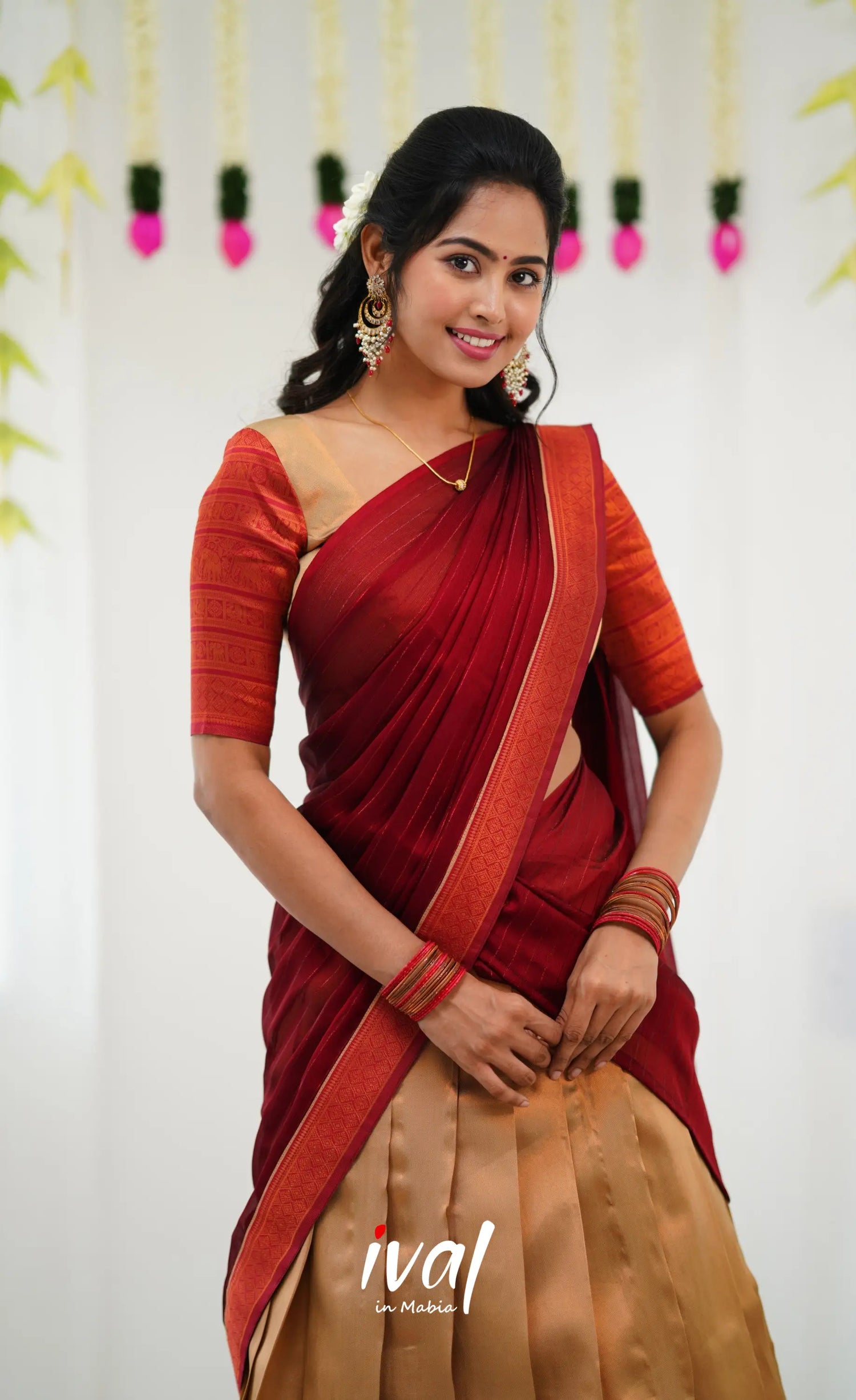 Padmakshi Blended Silk Half Saree - Golden Beiga And Reddish Maroon Sarees