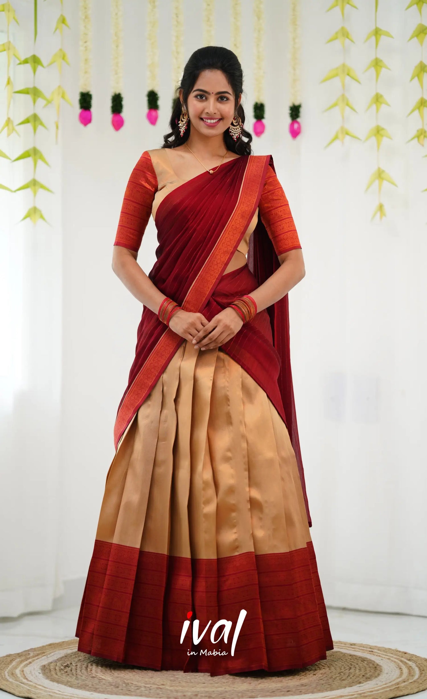 Padmakshi Blended Silk Half Saree - Golden Beiga And Reddish Maroon Sarees