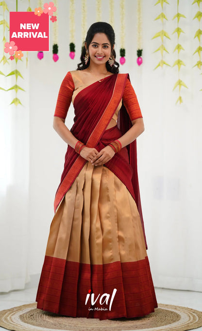 Padmakshi Blended Silk Half Saree - Golden Beiga And Reddish Maroon Sarees