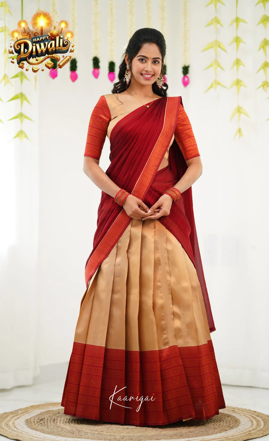 Padmakshi Blended Silk Half Saree - Golden Beiga And Reddish Maroon Sarees