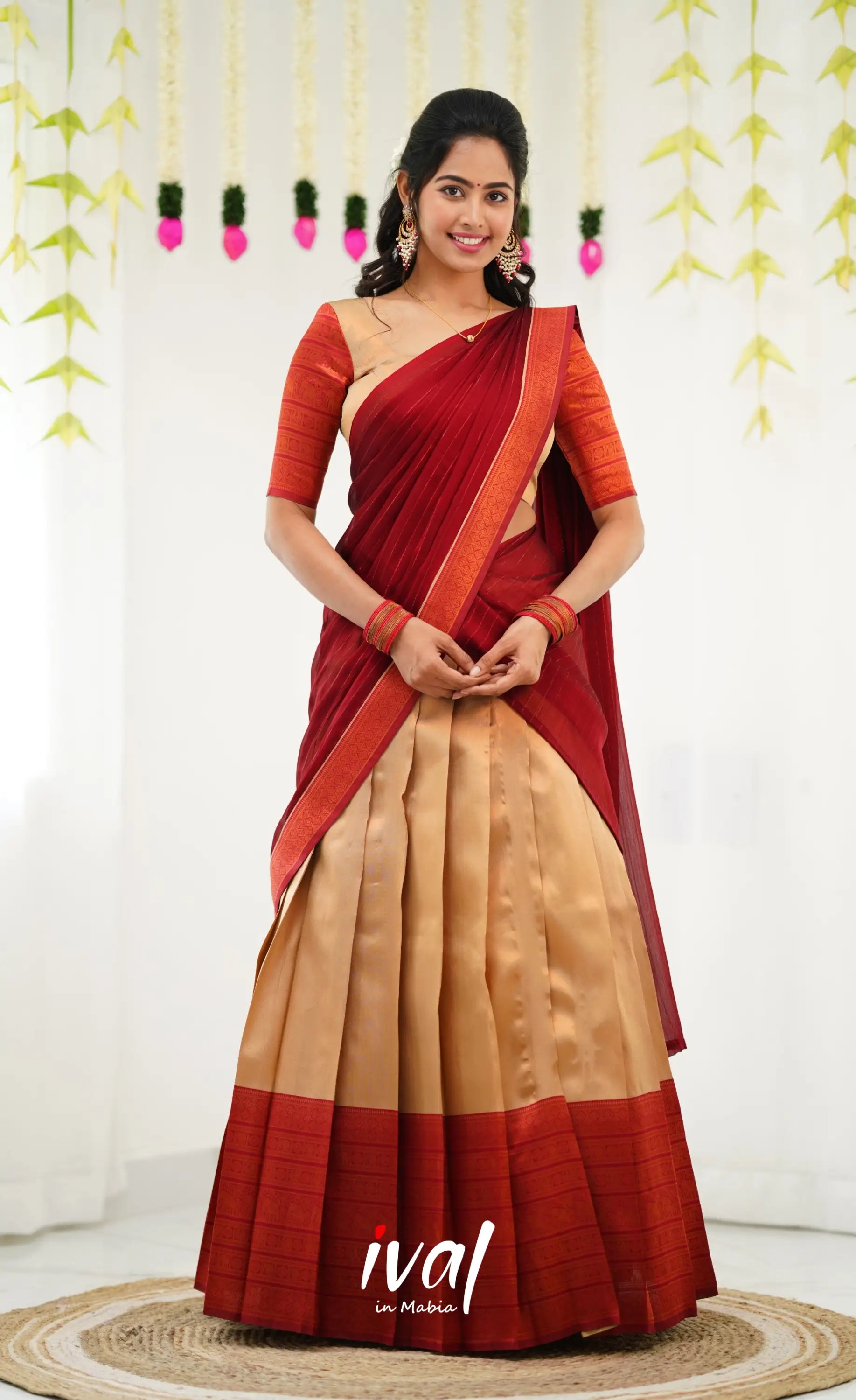 Padmakshi Blended Silk Half Saree - Golden Beiga And Reddish Maroon Sarees