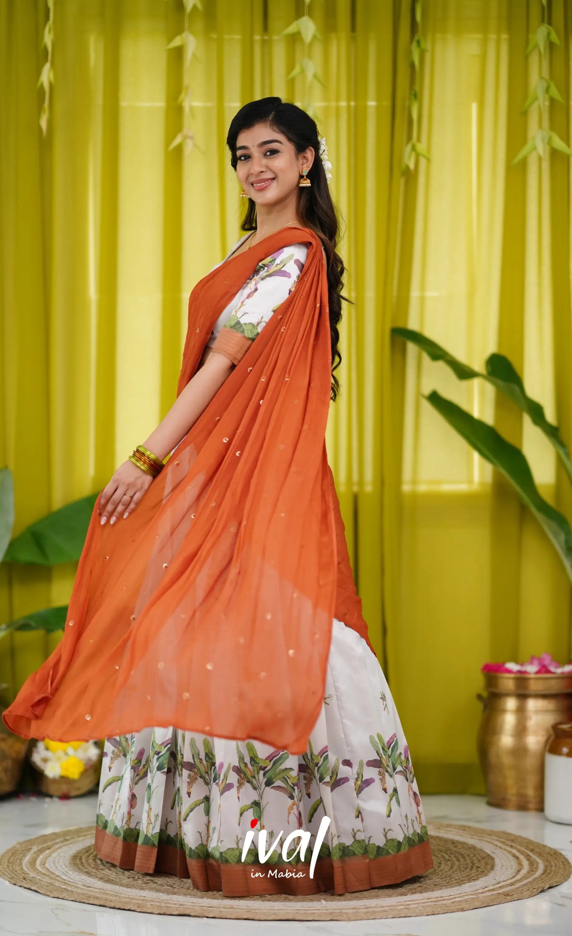 Padmakshi Blended Silk Half Saree - Off White And Dark Mustard Orange Sarees