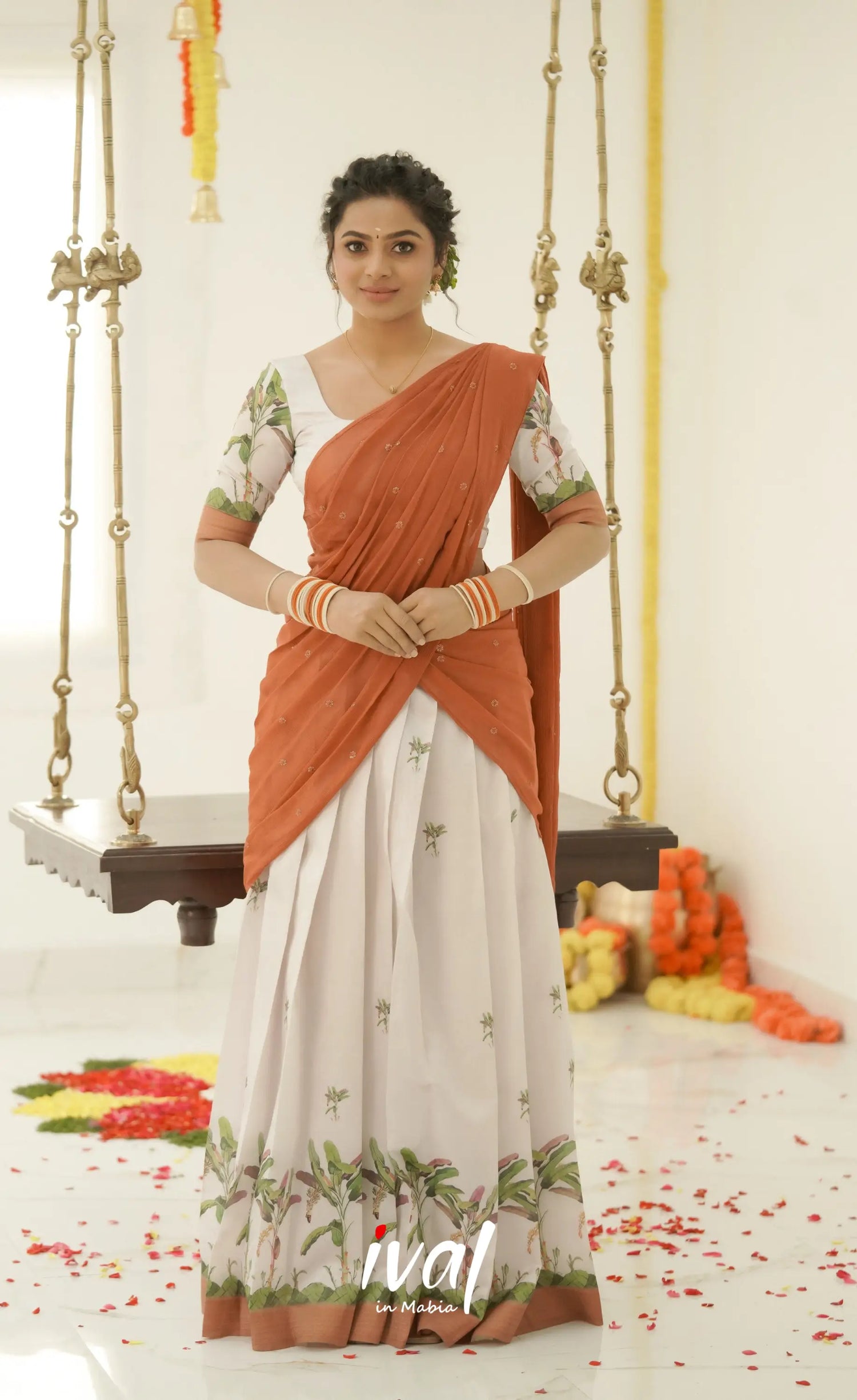 Padmakshi Blended Silk Half Saree - Off White And Dark Mustard Sarees