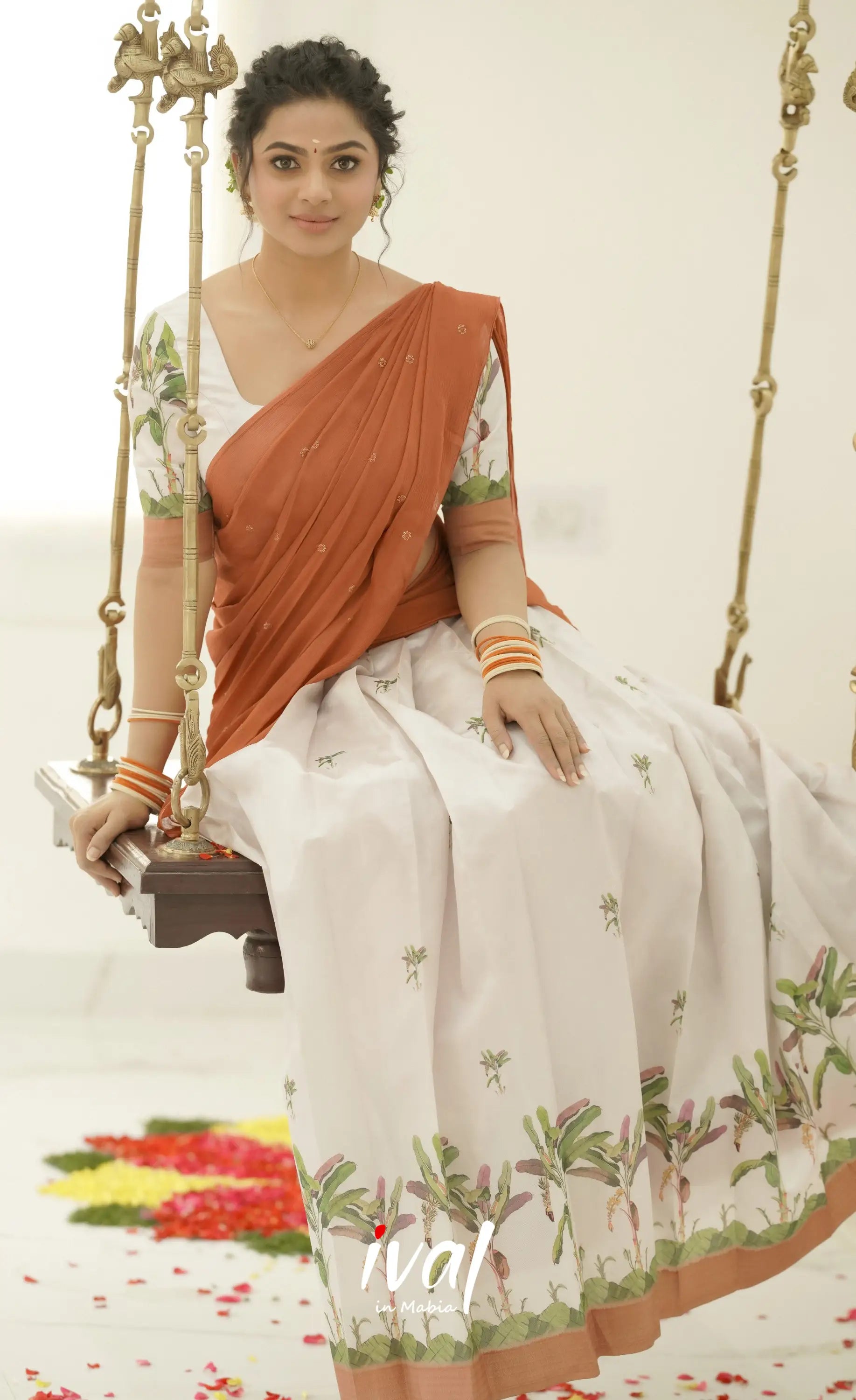 Padmakshi Blended Silk Half Saree - Off White And Dark Mustard Sarees