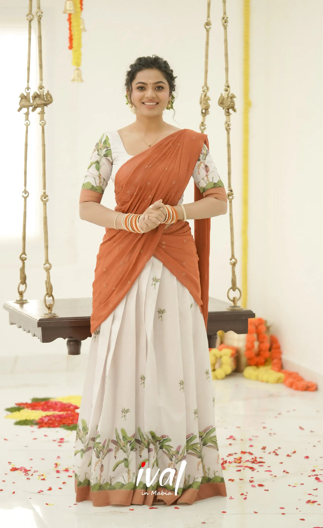 Padmakshi Blended Silk Half Saree - Off White And Dark Mustard Sarees