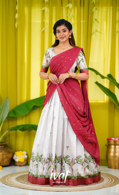 Padmakshi Blended Silk Half Saree - Off White And Dull Brick Red Sarees