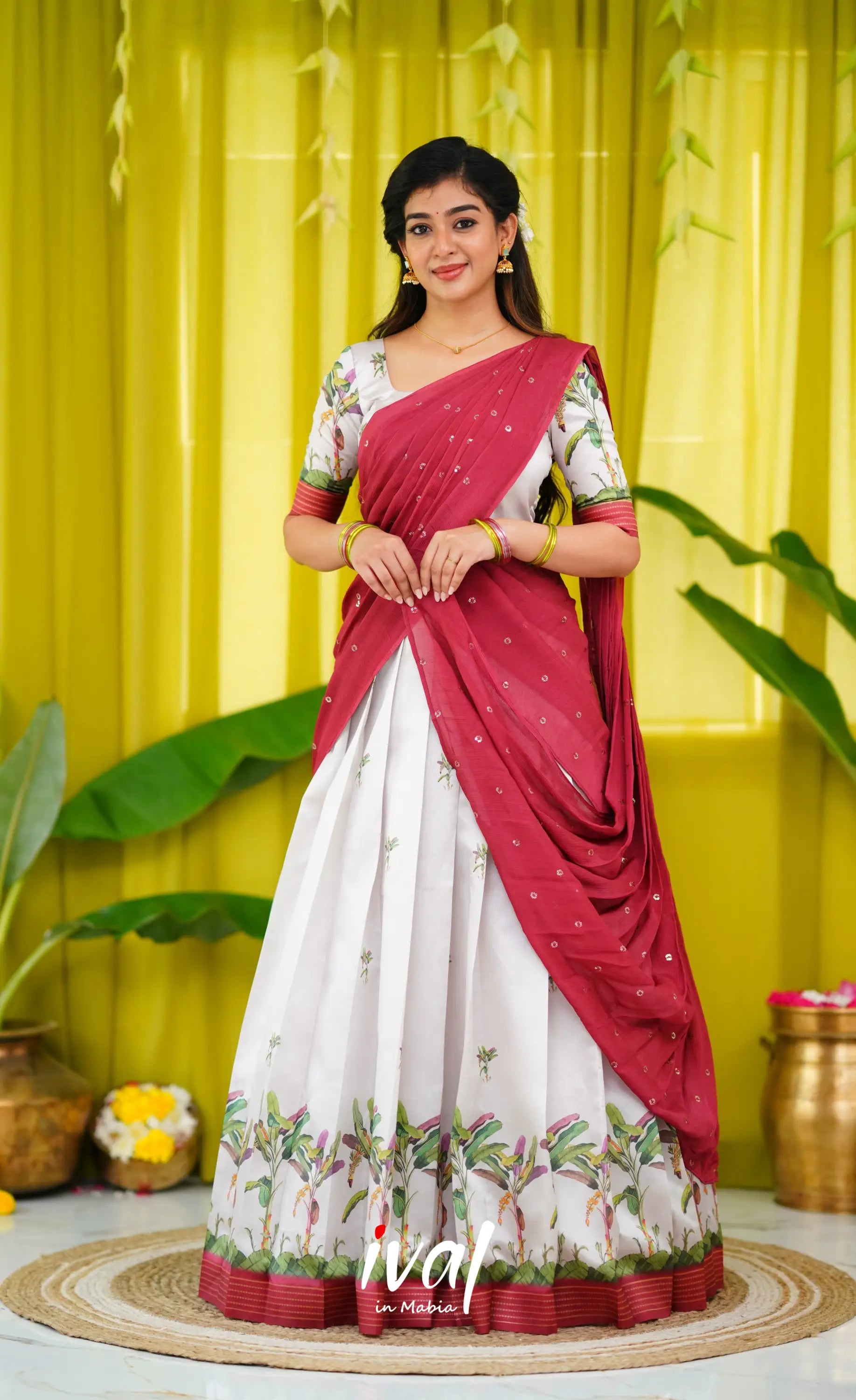 Padmakshi Blended Silk Half Saree - Off White And Dull Brick Red Sarees