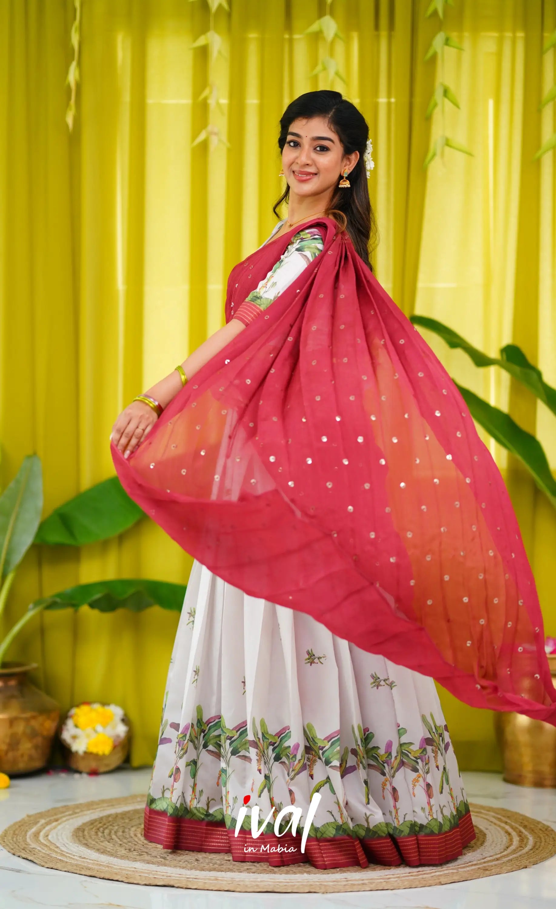 Padmakshi Blended Silk Half Saree - Off White And Dull Brick Red Sarees