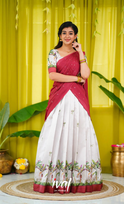 Padmakshi Blended Silk Half Saree - Off White And Dull Brick Red Sarees