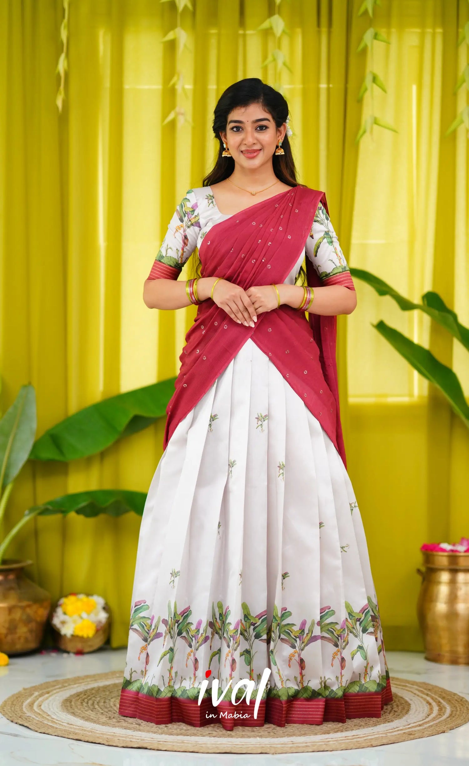 Padmakshi Blended Silk Half Saree - Off White And Dull Brick Red Sarees