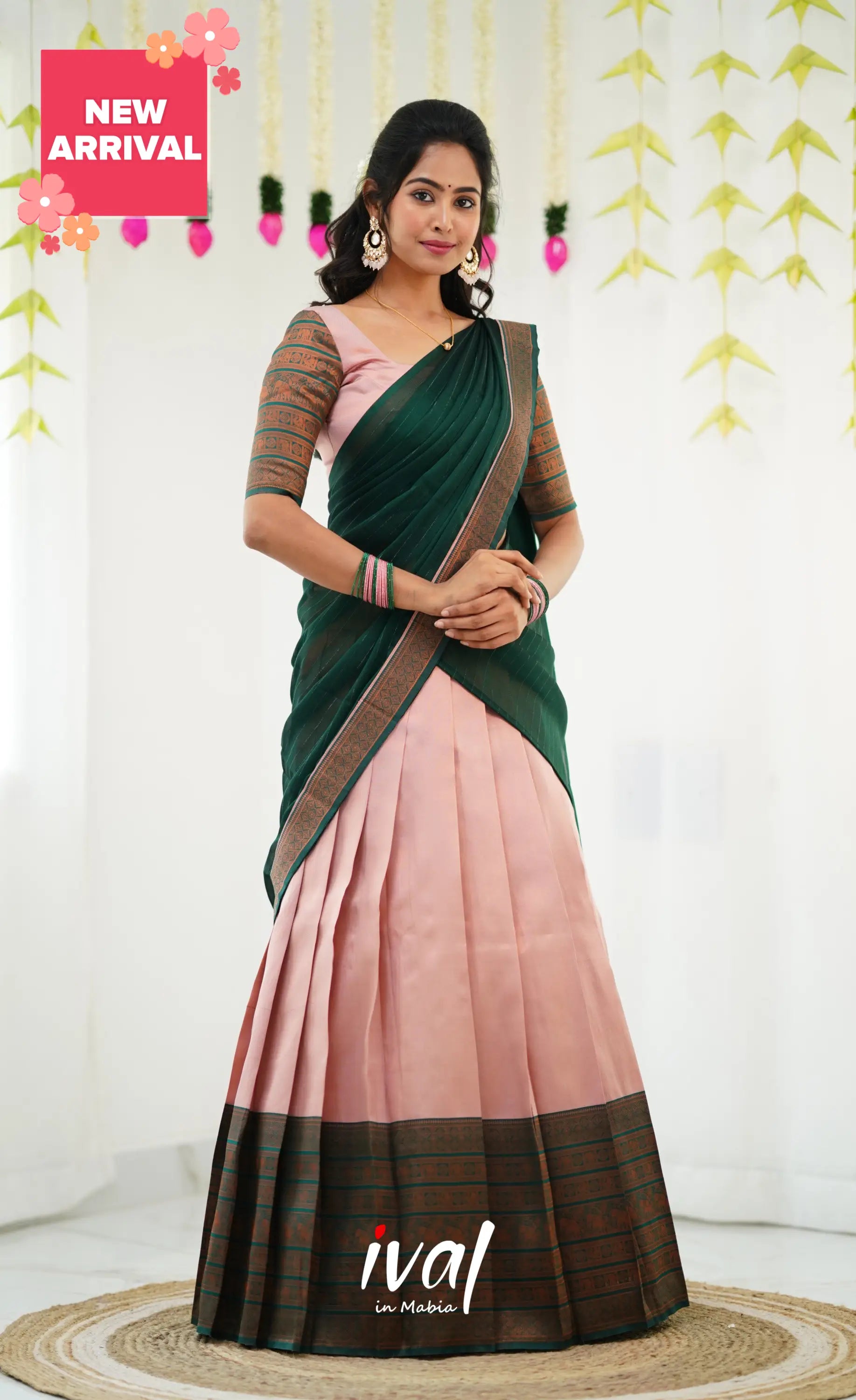 Padmakshi Blended Silk Half Saree - Pastel Pink And Dark Green Sarees