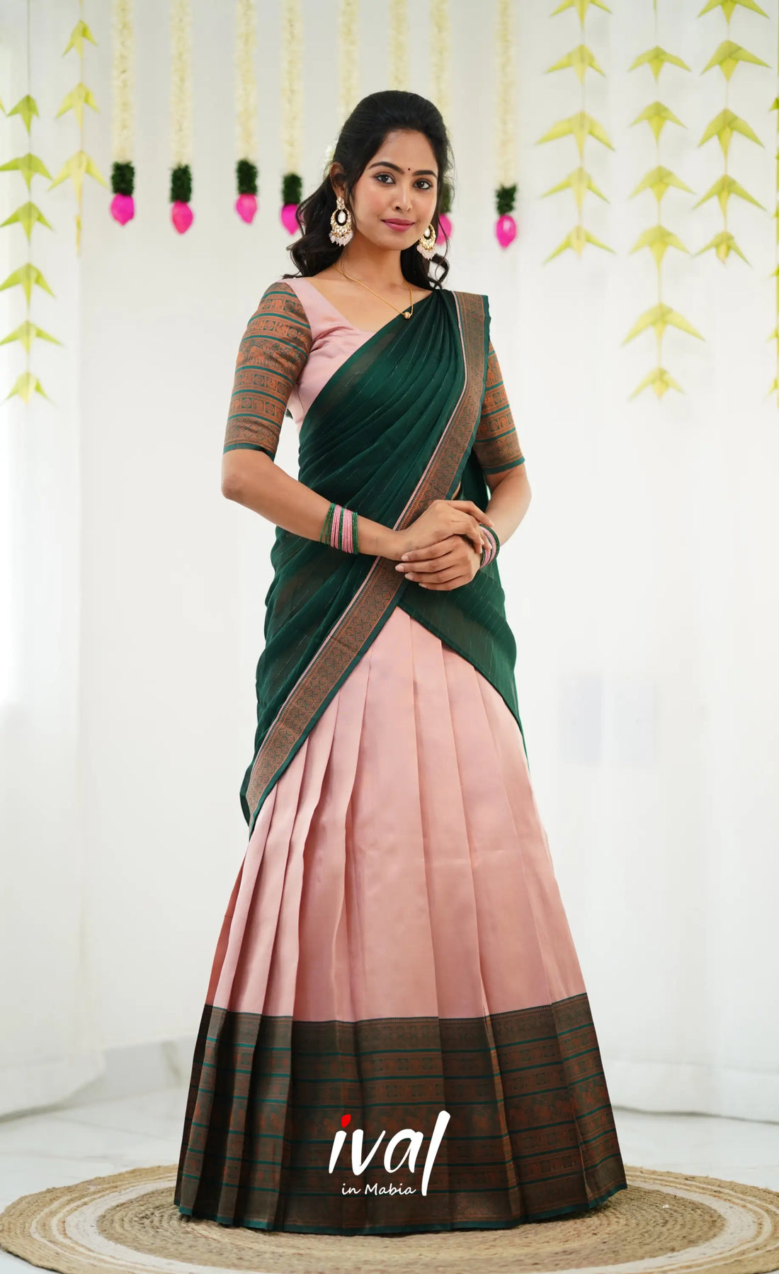 Padmakshi Blended Silk Half Saree - Pastel Pink And Dark Green Sarees