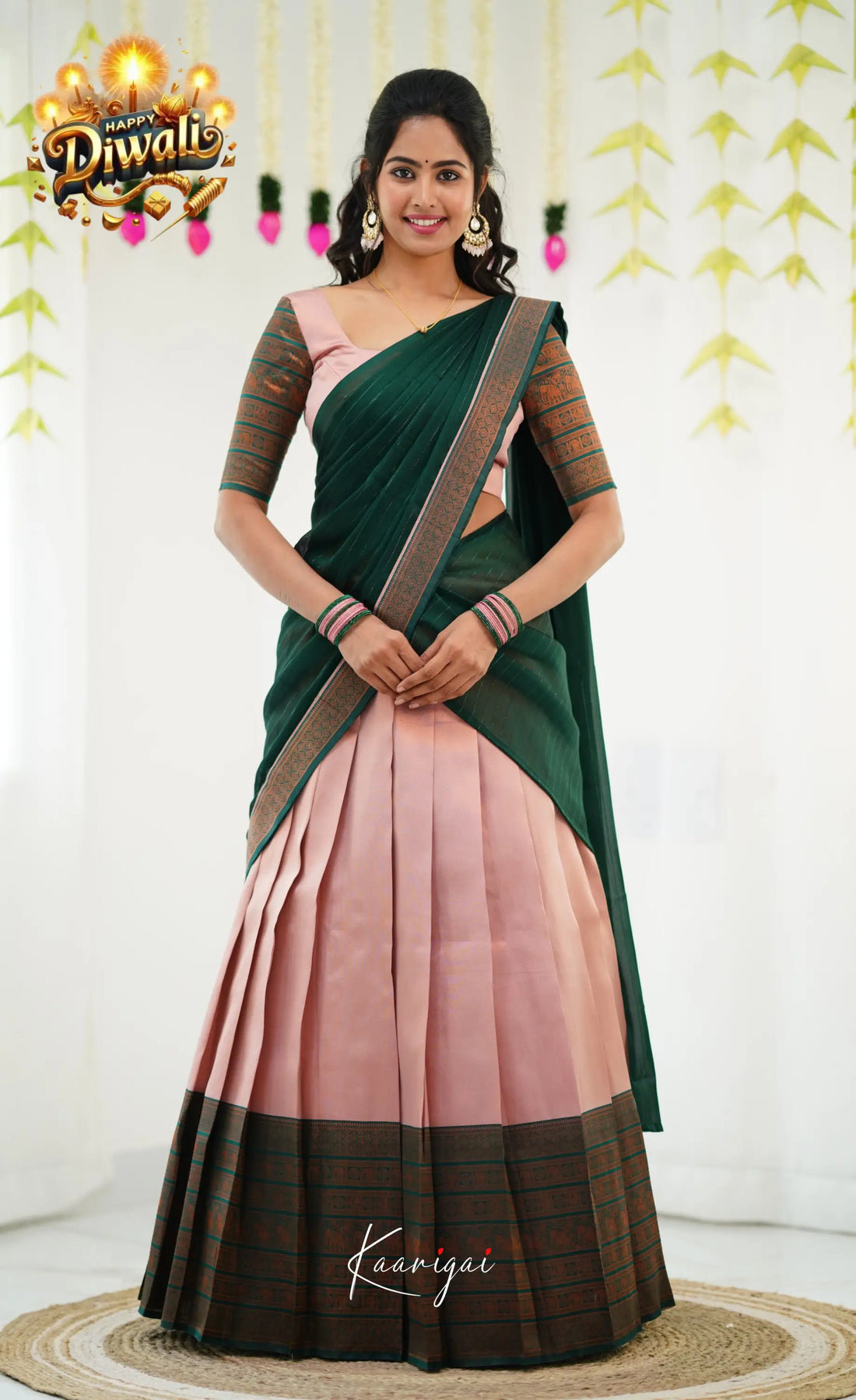 Padmakshi Blended Silk Half Saree - Pastel Pink And Dark Green Sarees