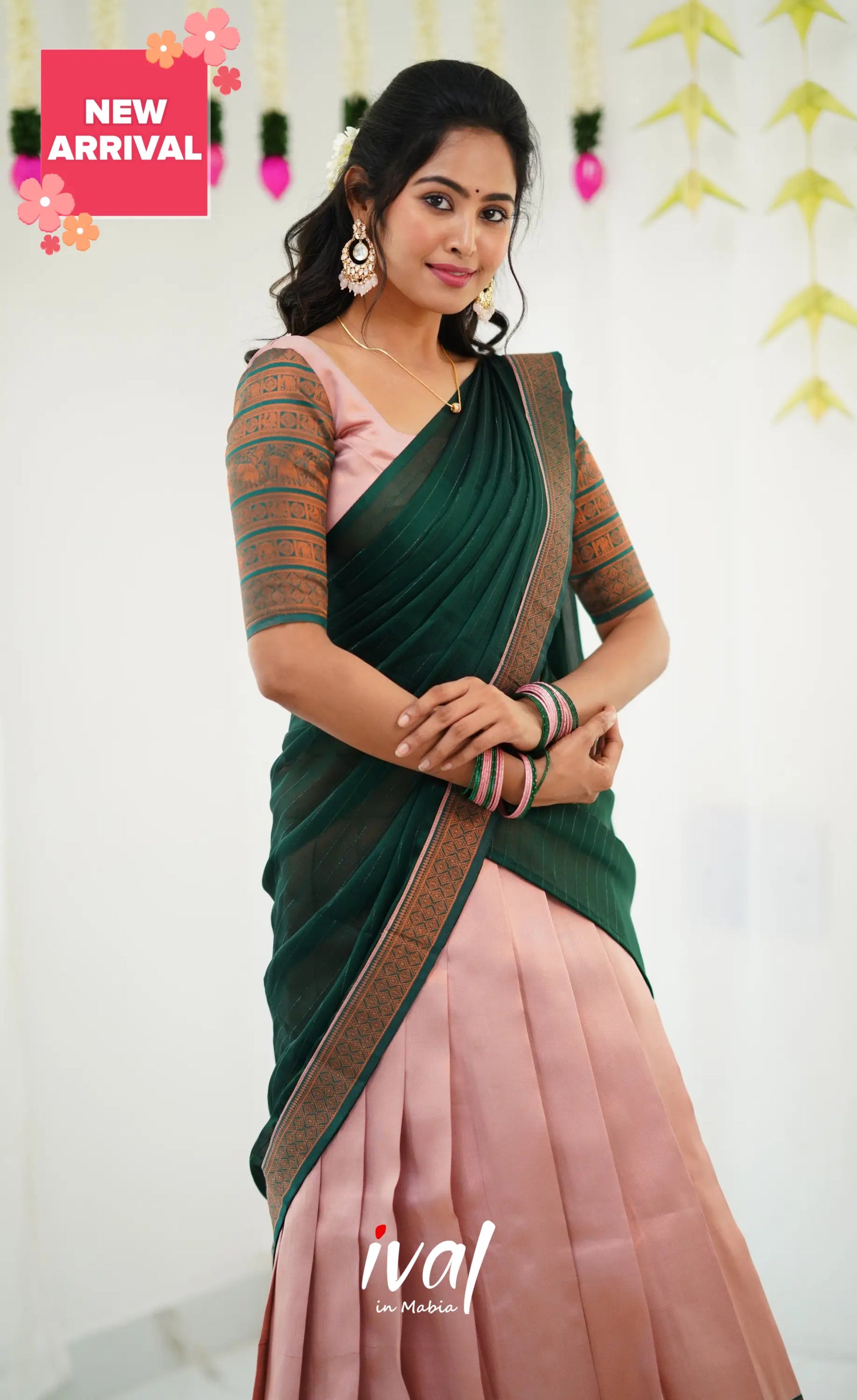 Padmakshi Blended Silk Half Saree - Pastel Pink And Dark Green Sarees