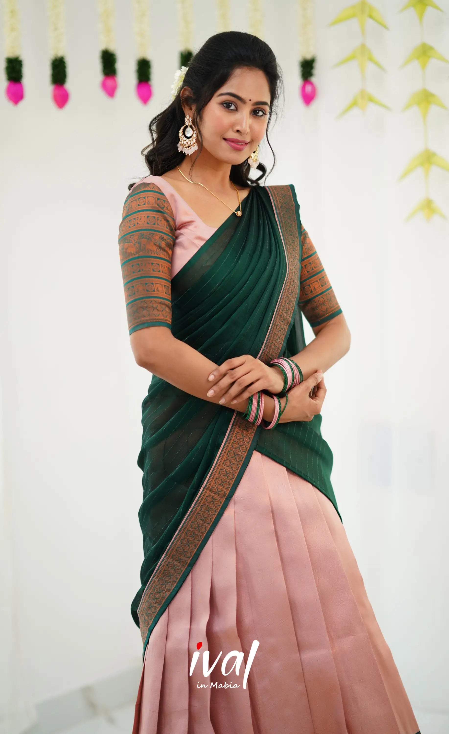 Padmakshi Blended Silk Half Saree - Pastel Pink And Dark Green Sarees