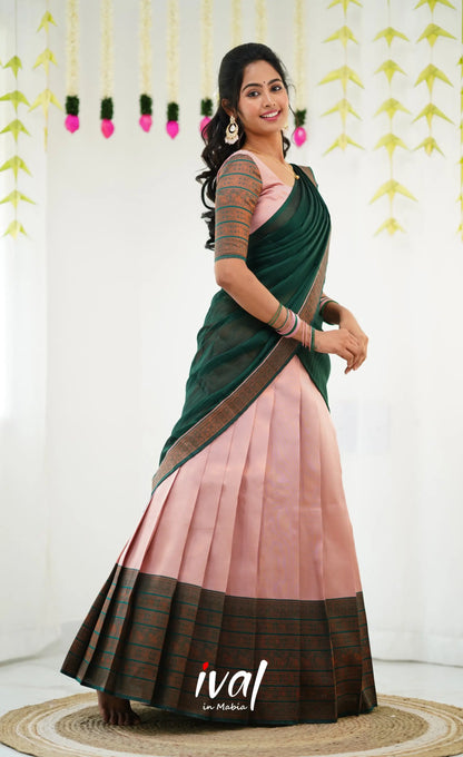 Padmakshi Blended Silk Half Saree - Pastel Pink And Dark Green Sarees