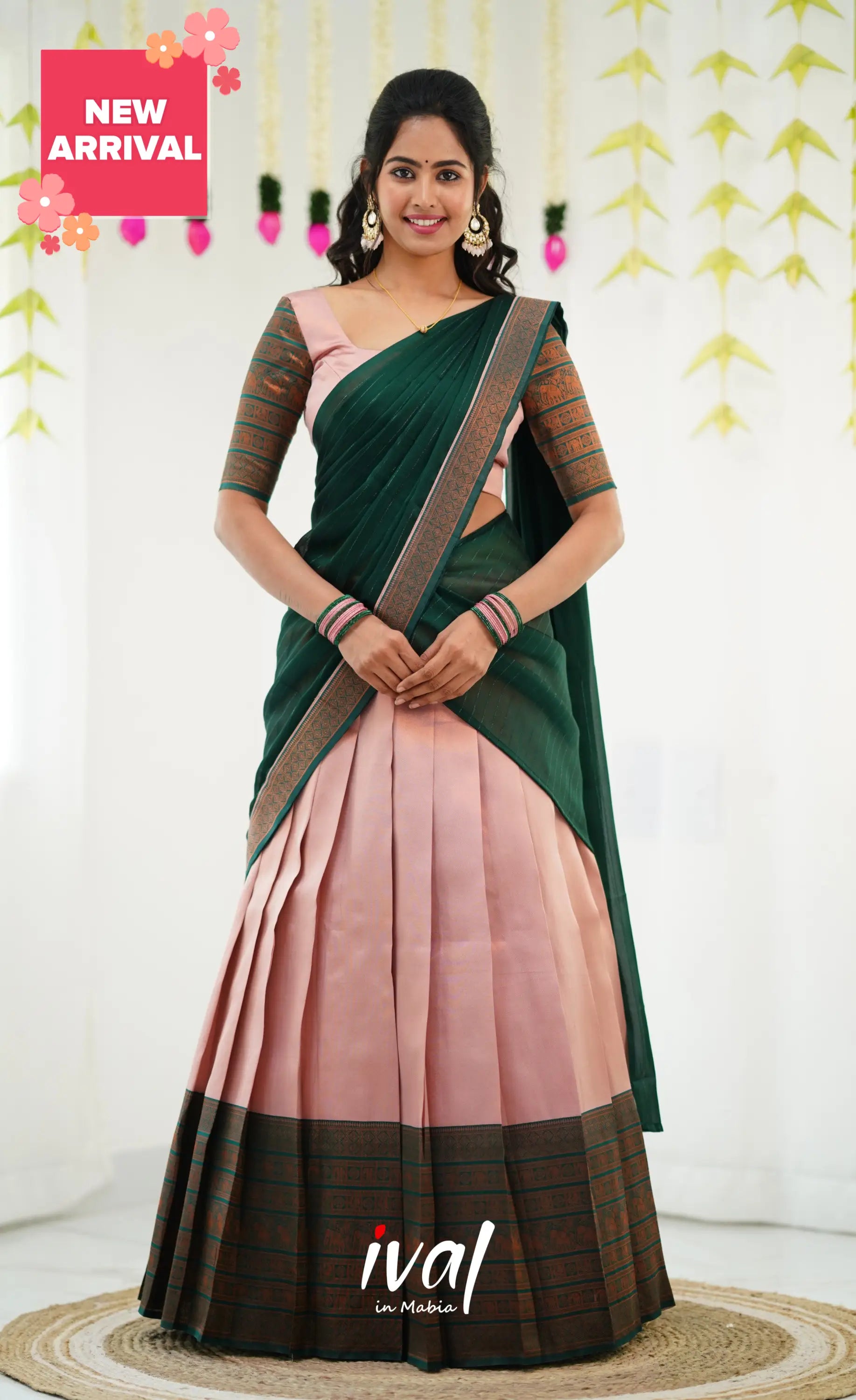 Padmakshi Blended Silk Half Saree - Pastel Pink And Dark Green Sarees