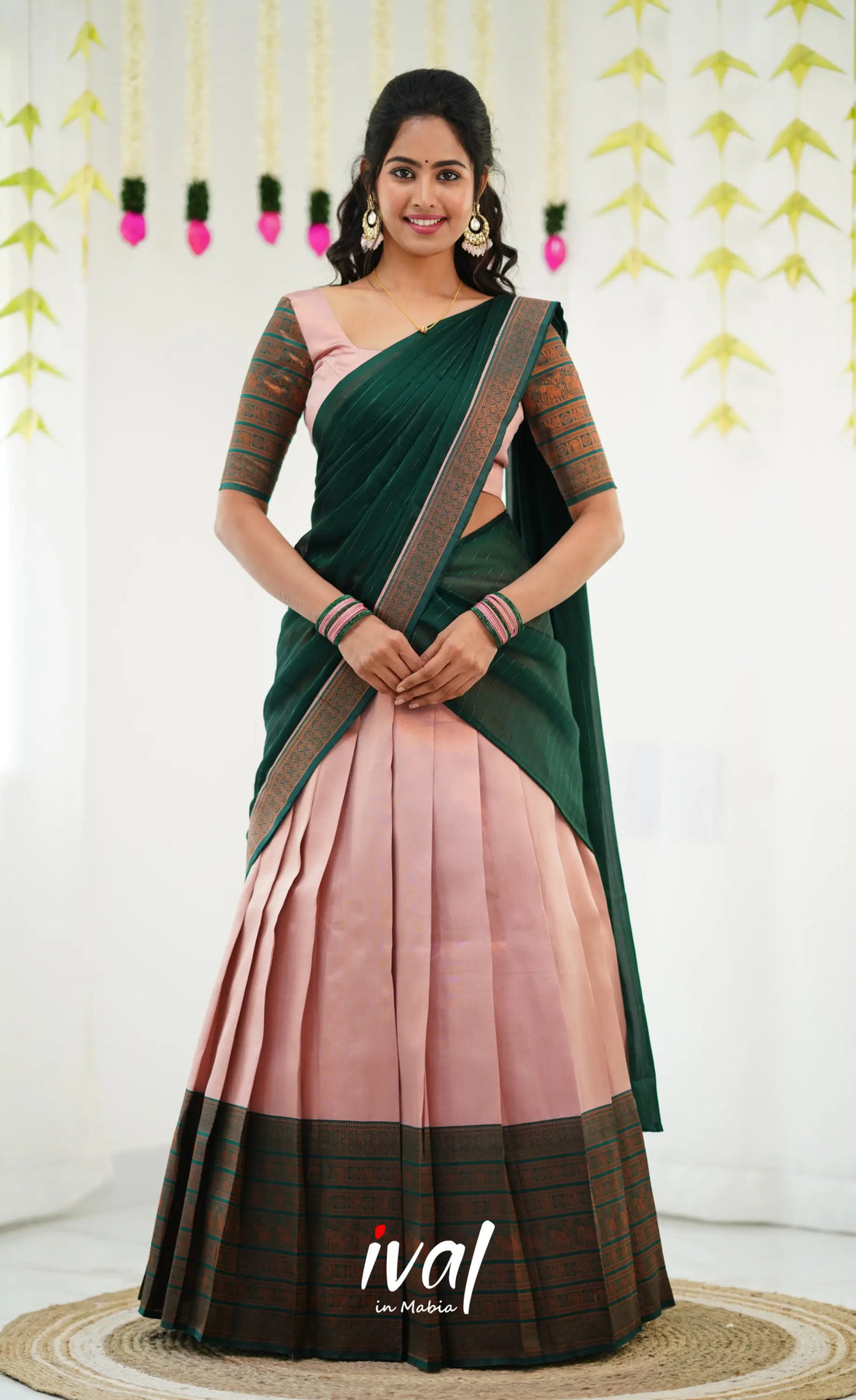 Padmakshi Blended Silk Half Saree - Pastel Pink And Dark Green Sarees