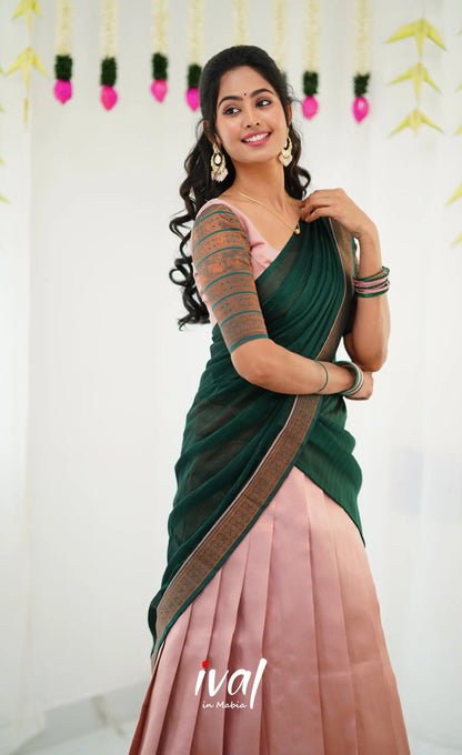 Padmakshi Blended Silk Half Saree - Pastel Pink And Dark Green Sarees