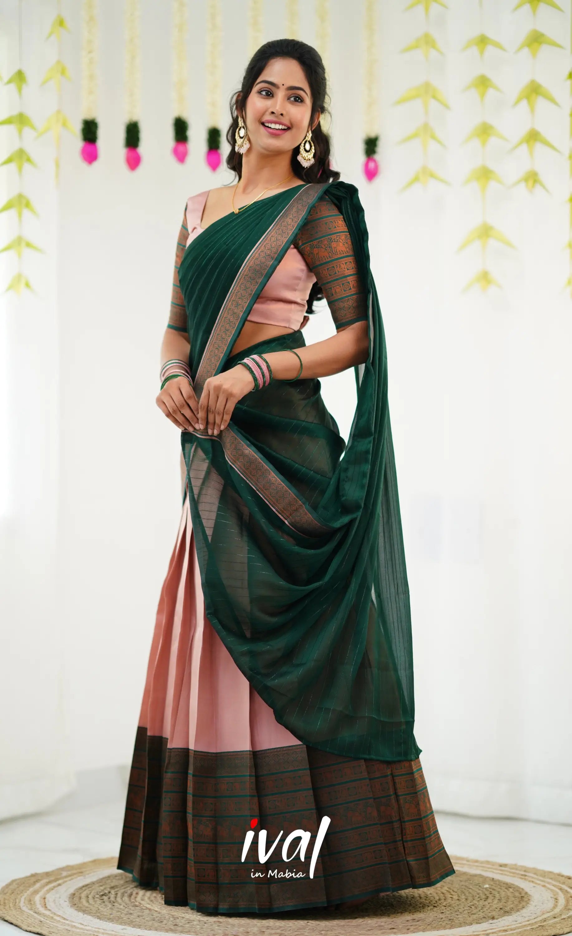 Padmakshi Blended Silk Half Saree - Pastel Pink And Dark Green Sarees