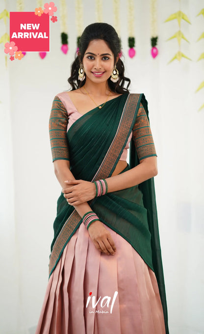 Padmakshi Blended Silk Half Saree - Pastel Pink And Dark Green Sarees