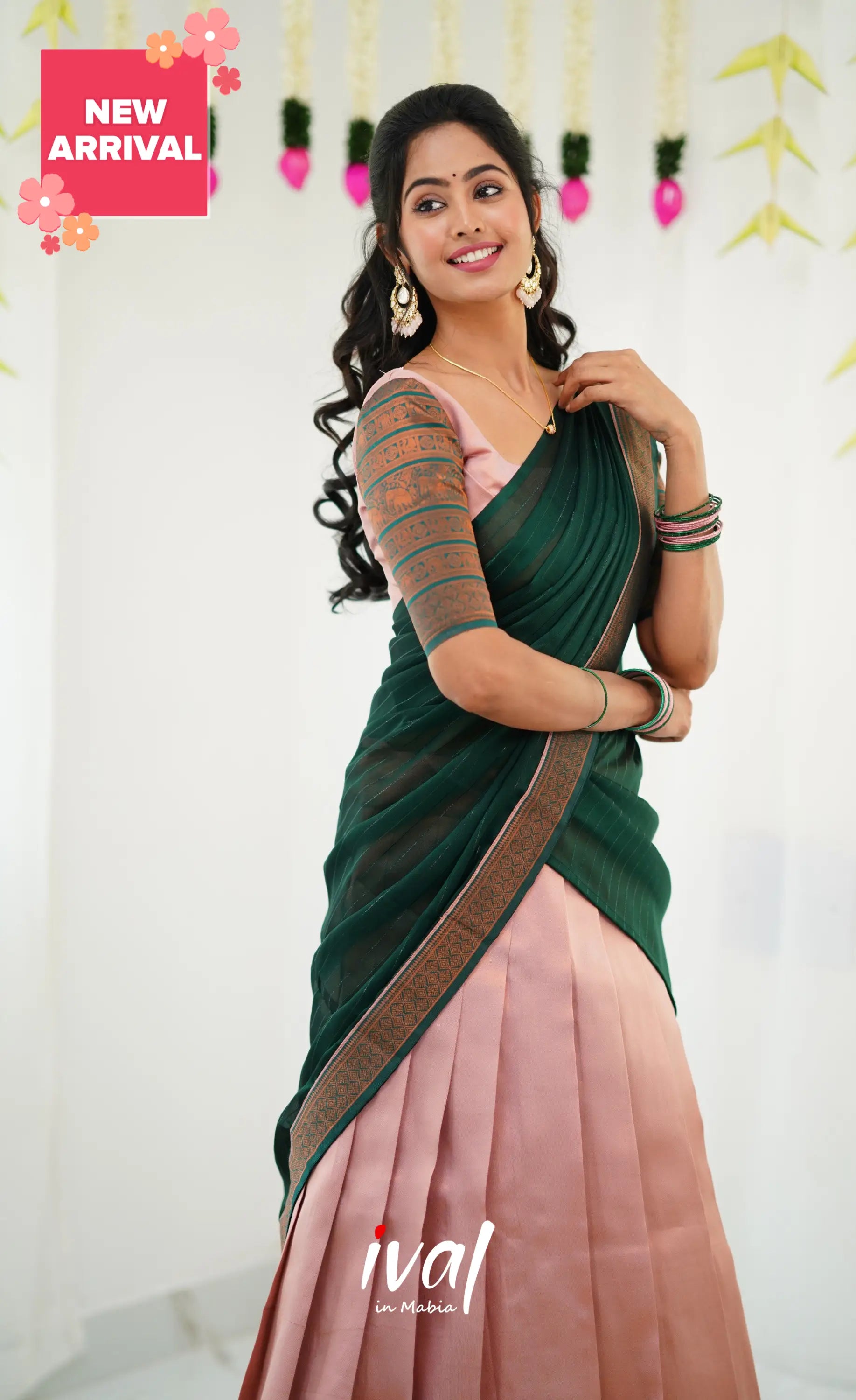 Padmakshi Blended Silk Half Saree - Pastel Pink And Dark Green Sarees