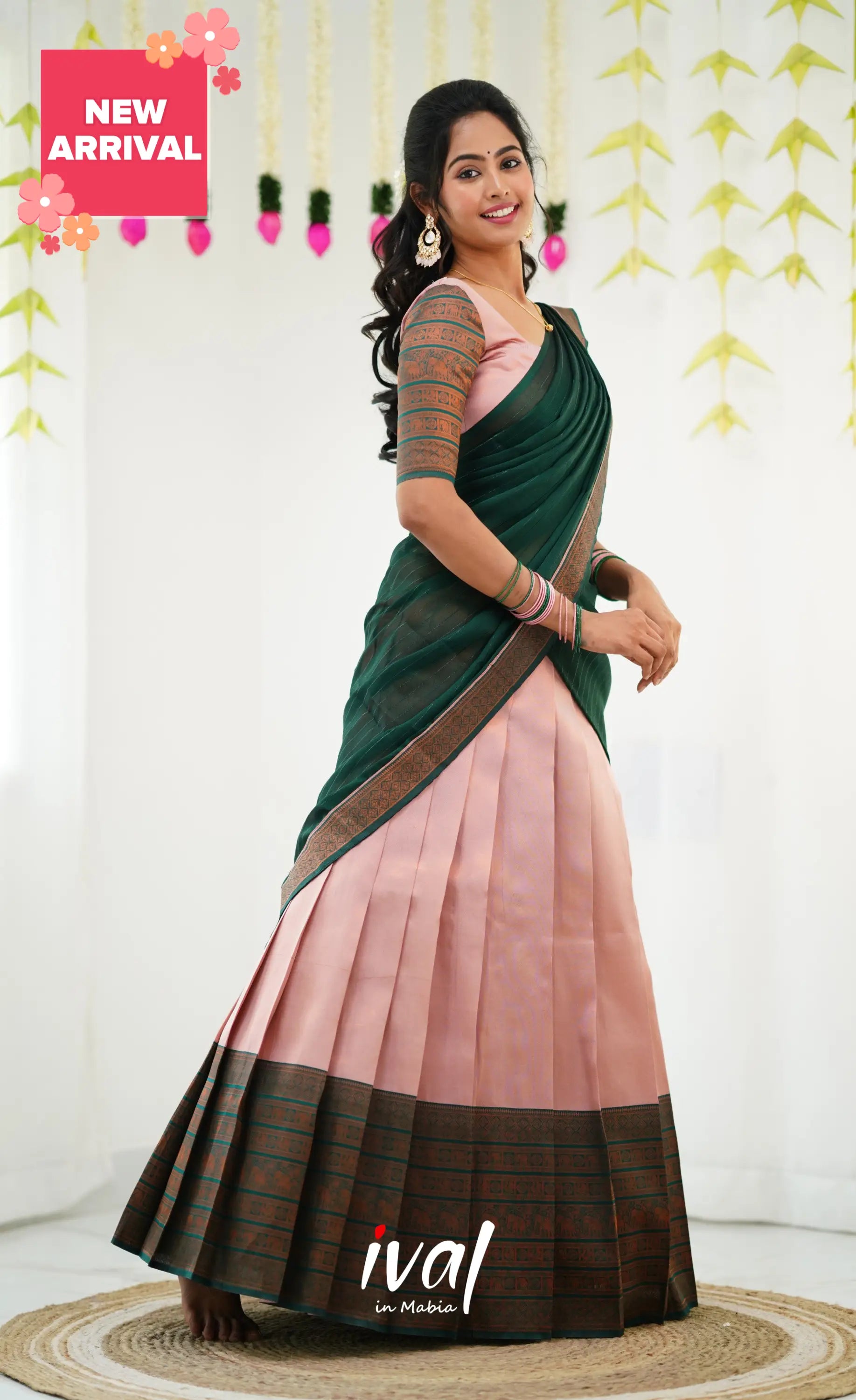 Padmakshi Blended Silk Half Saree - Pastel Pink And Dark Green Sarees