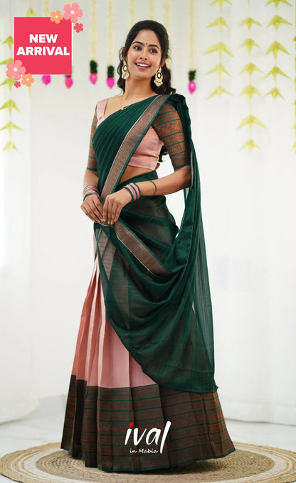 Padmakshi Blended Silk Half Saree - Pastel Pink And Dark Green Sarees