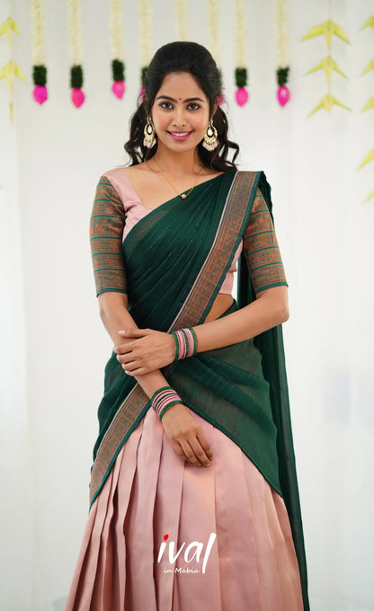 Padmakshi Blended Silk Half Saree - Pastel Pink And Dark Green Sarees