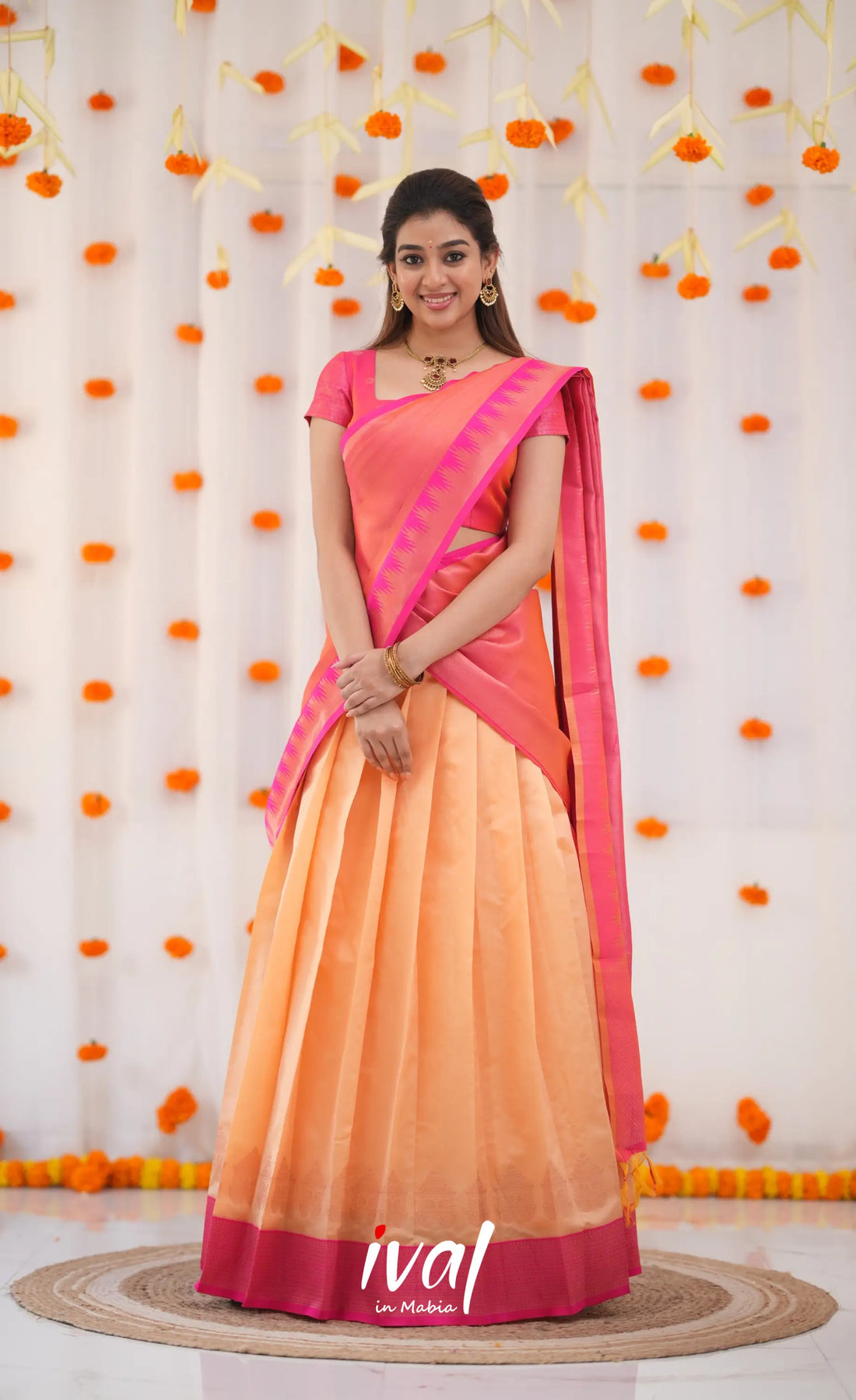Padmakshi Blended Silk Half Saree - Peach and Bright Pink Half Sarees