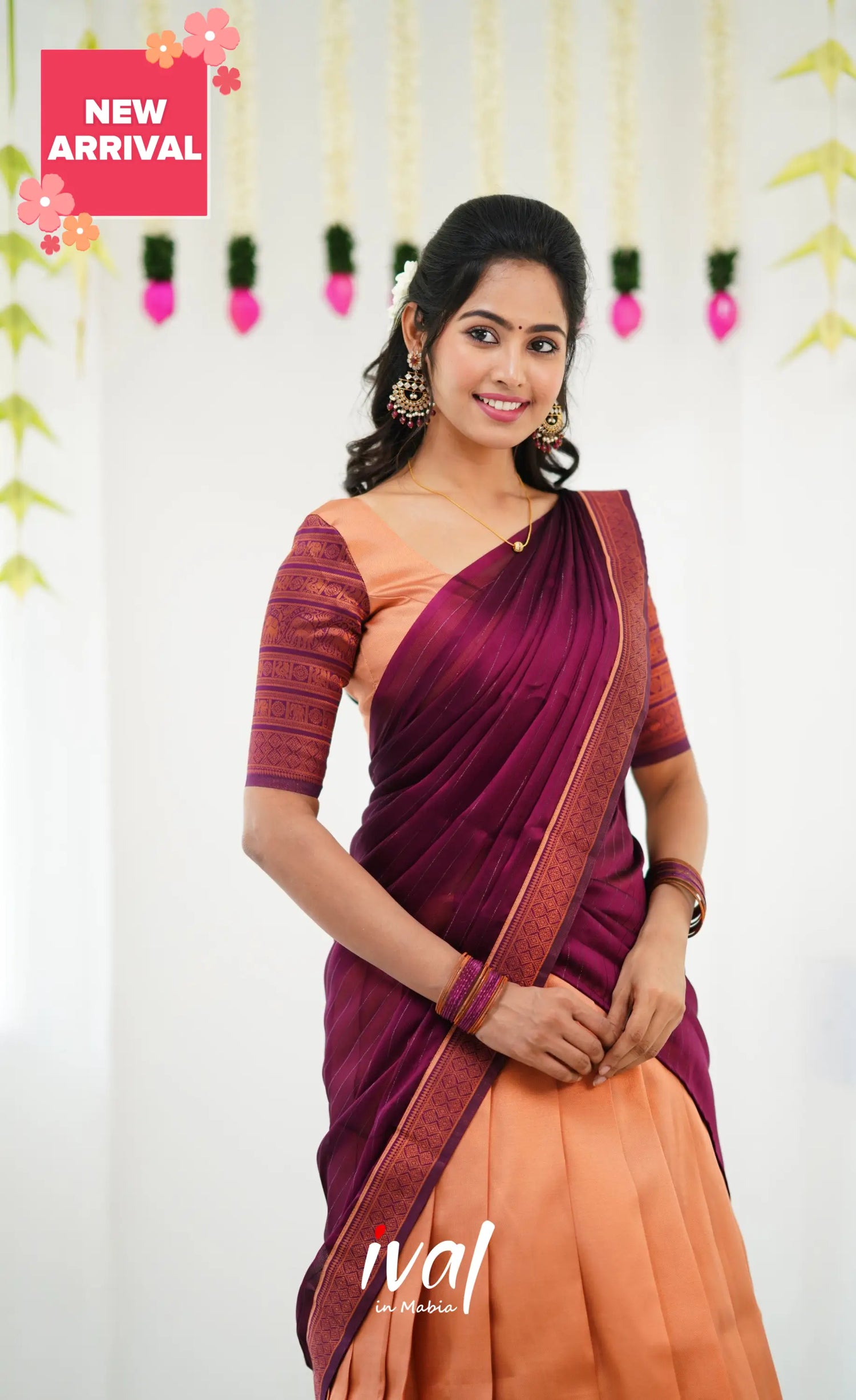 Padmakshi Blended Silk Half Saree - Pinkish Orange And Magenta Sarees