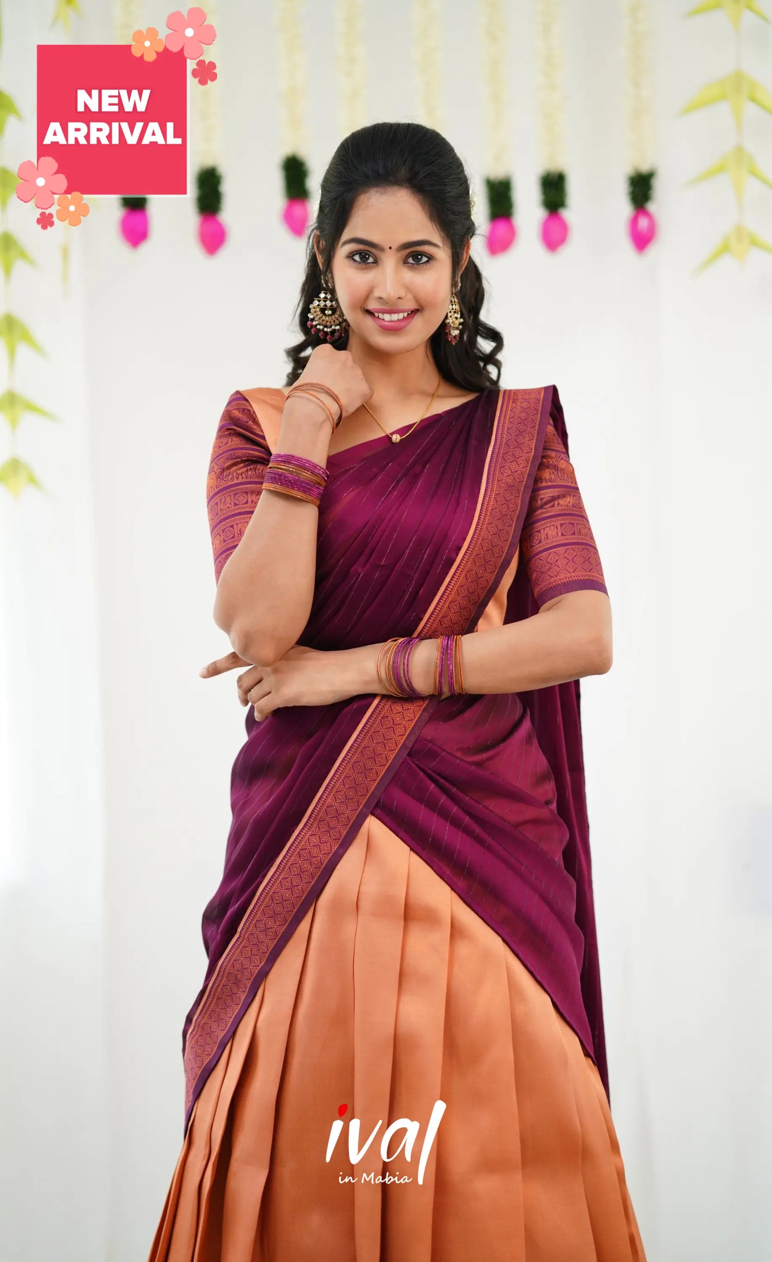 Padmakshi Blended Silk Half Saree - Pinkish Orange And Magenta Sarees