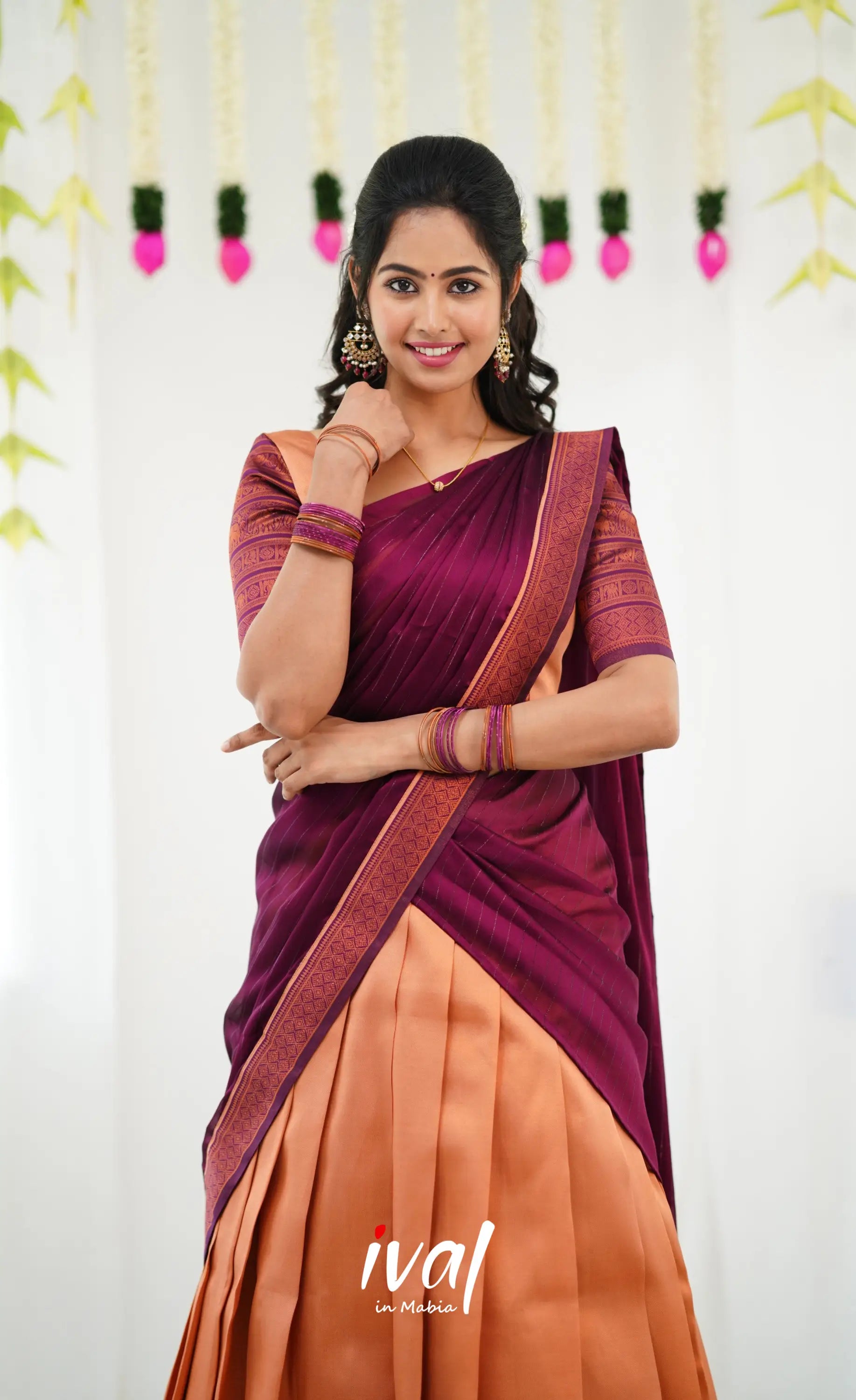 Padmakshi Blended Silk Half Saree - Pinkish Orange And Magenta Sarees