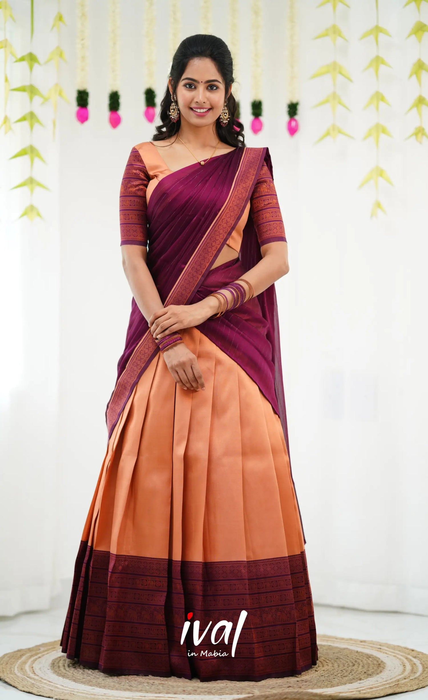 Padmakshi Blended Silk Half Saree - Pinkish Orange And Magenta Sarees