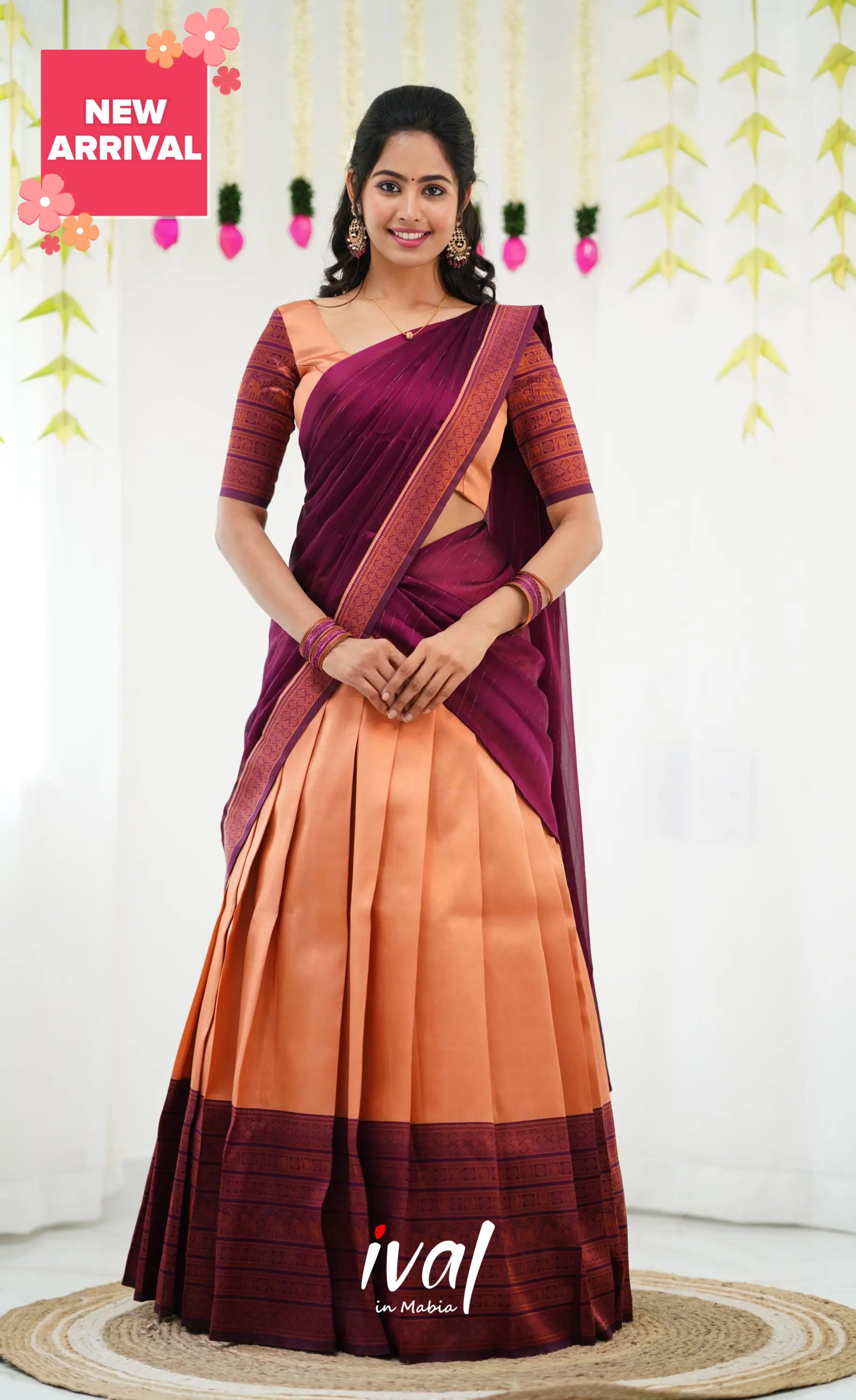 Padmakshi Blended Silk Half Saree - Pinkish Orange And Magenta Sarees