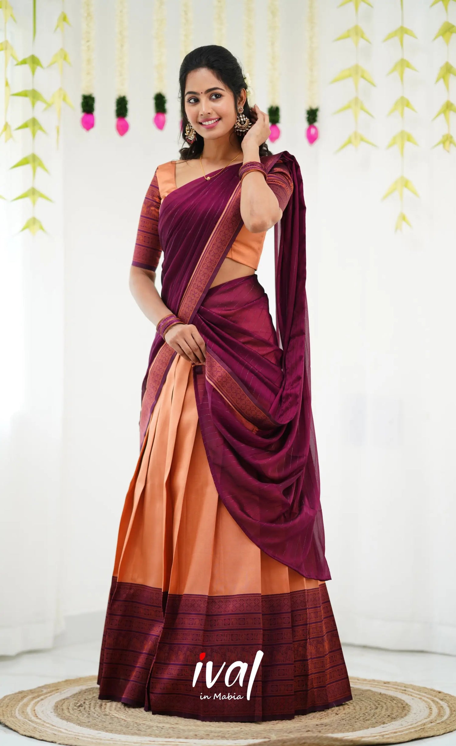 Padmakshi Blended Silk Half Saree - Pinkish Orange And Magenta Sarees