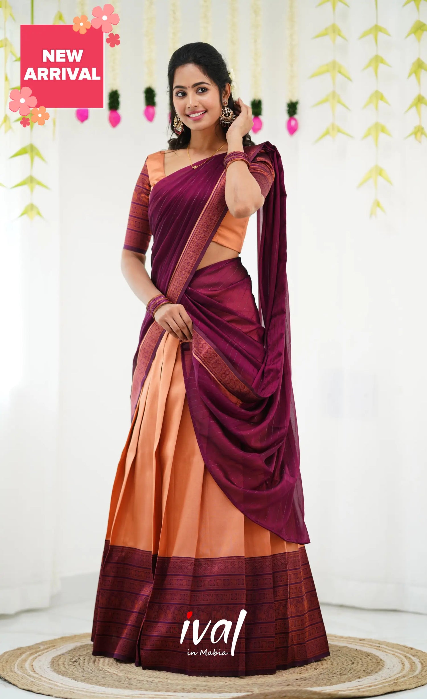 Padmakshi Blended Silk Half Saree - Pinkish Orange And Magenta Sarees