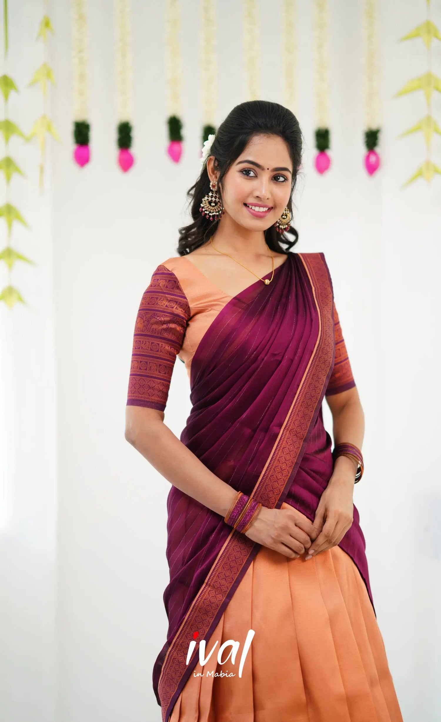 Padmakshi Blended Silk Half Saree - Pinkish Orange And Magenta Sarees