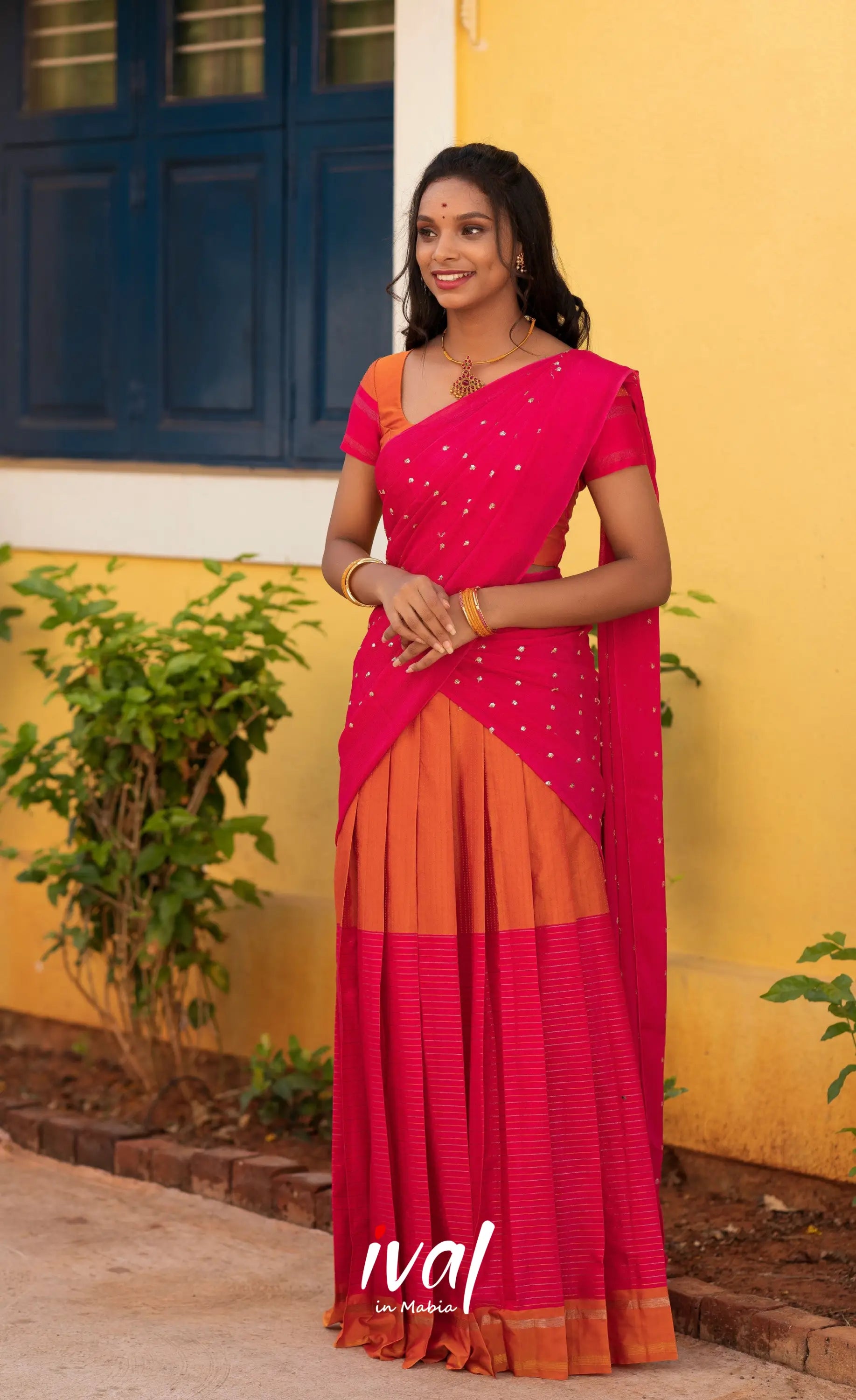 Padmakshi Blended Silk Halfsaree - Burnt Orange and Bright Pink Half Sarees