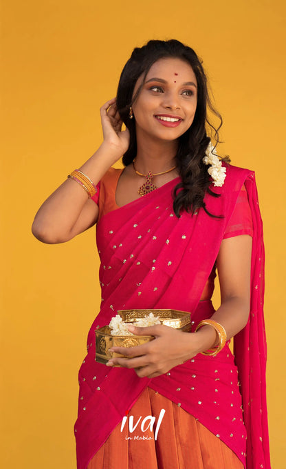 Padmakshi Blended Silk Halfsaree - Burnt Orange and Bright Pink Half Sarees