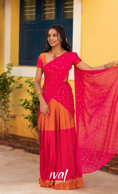 Padmakshi Blended Silk Halfsaree - Burnt Orange and Bright Pink Half Sarees