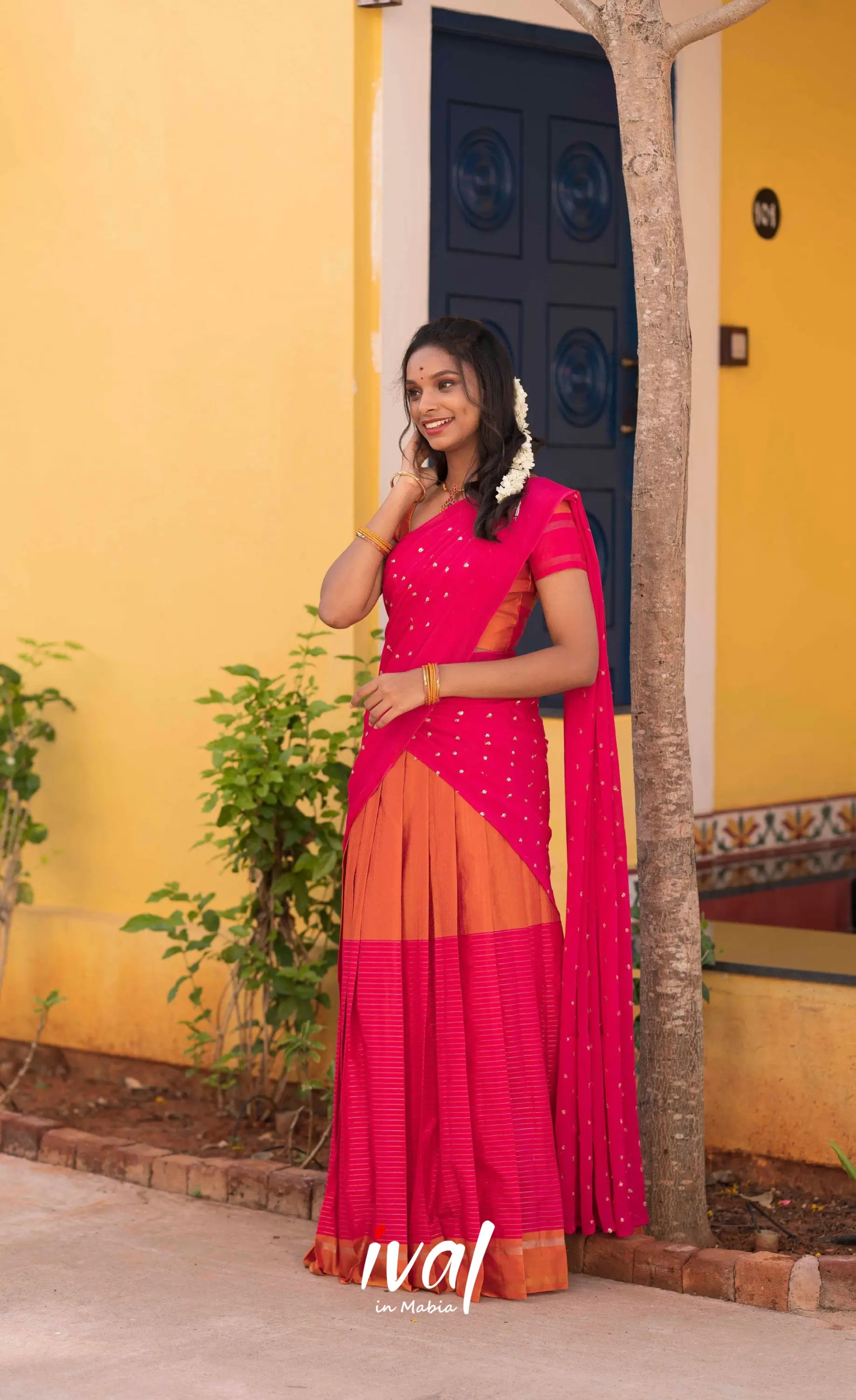 Padmakshi Blended Silk Halfsaree - Burnt Orange and Bright Pink Half Sarees