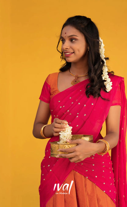 Padmakshi Blended Silk Halfsaree - Burnt Orange and Bright Pink Half Sarees