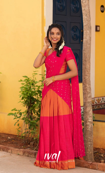 Padmakshi Blended Silk Halfsaree - Burnt Orange and Bright Pink Half Sarees