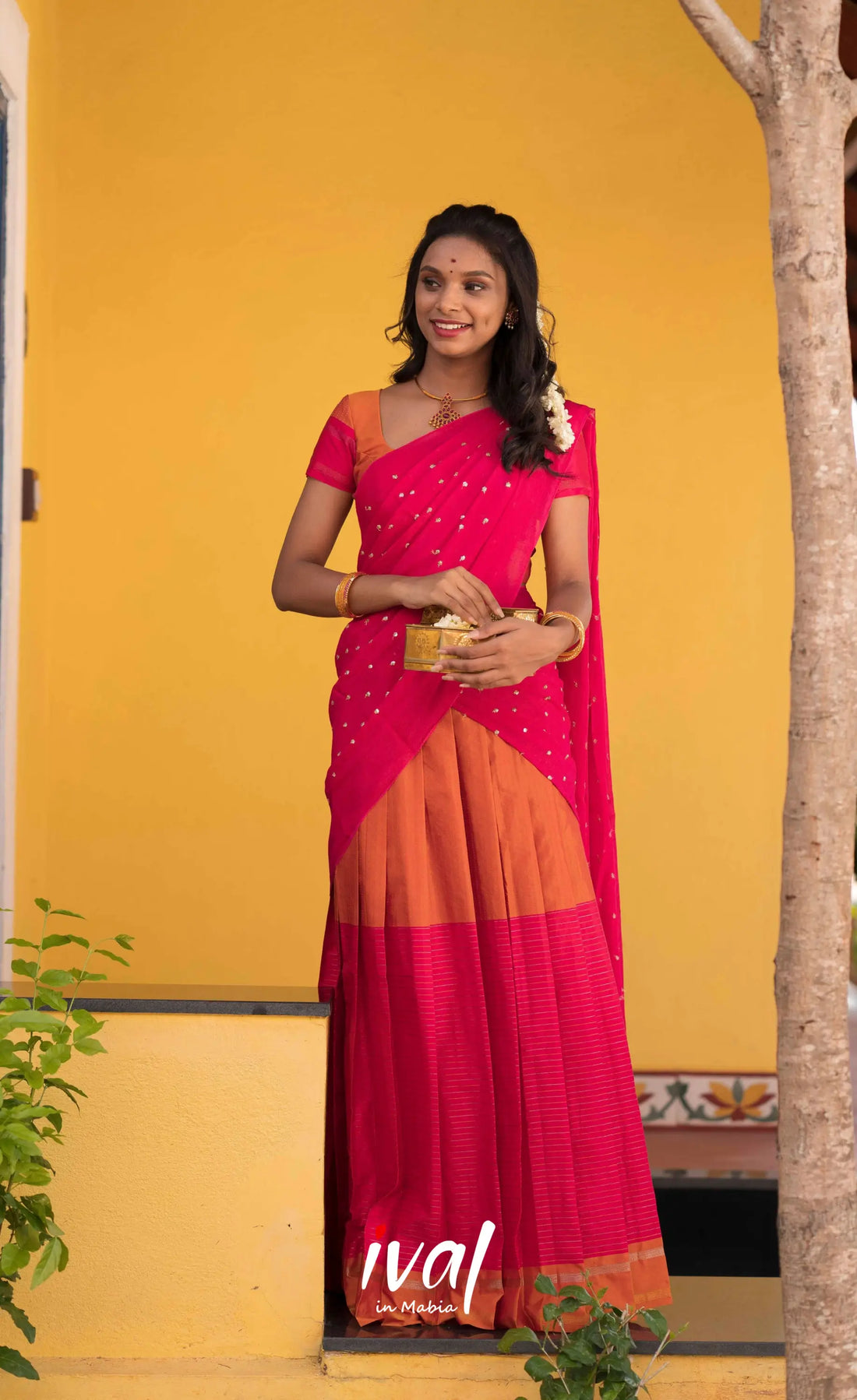 Padmakshi Blended Silk Halfsaree - Burnt Orange and Bright Pink Half Sarees