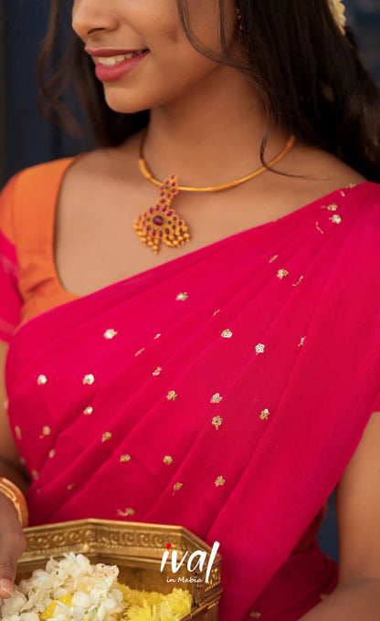 Padmakshi Blended Silk Halfsaree - Burnt Orange and Bright Pink Half Sarees